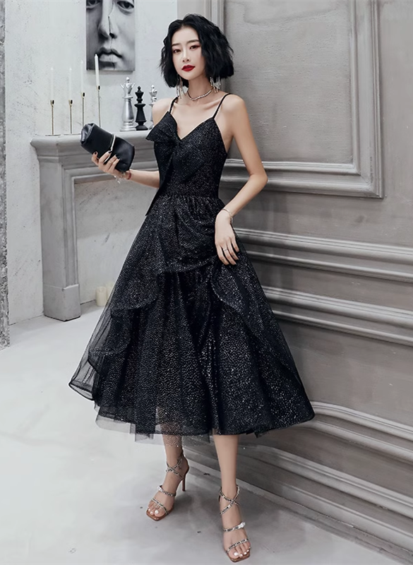 Black Straps Tulle Tea Length Homecoming Dress, Black Short Prom Dress ...