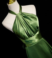Green Soft Satin Halter Long Evening Dress Party Dress, Green A-line Prom Dress