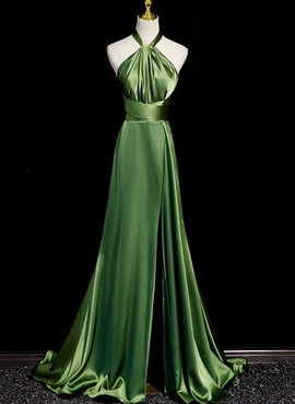 Green Soft Satin Halter Long Evening Dress Party Dress, Green A-line Prom Dress