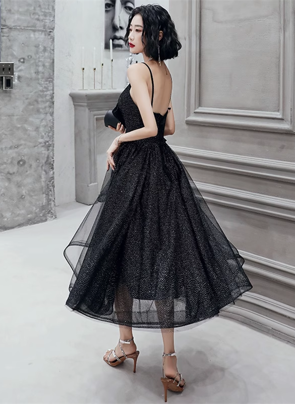 Black Straps Tulle Tea Length Homecoming Dress, Black Short Prom Dress ...