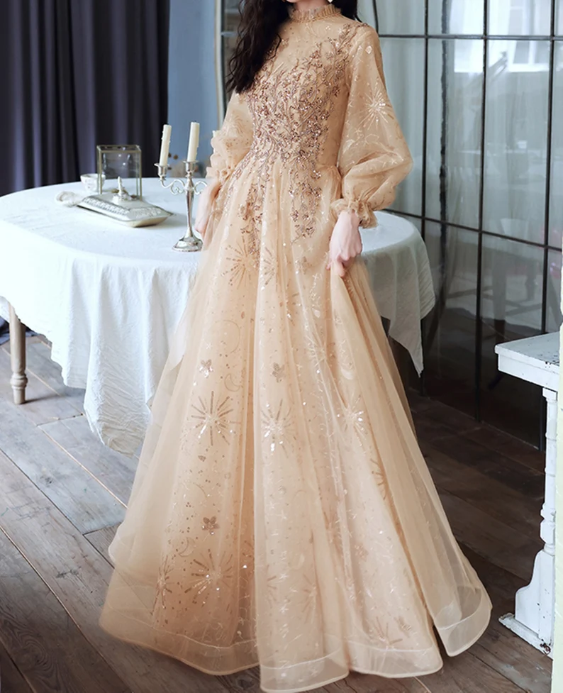 Champagne Puffy Sleeves Long Beaded Party Dress, Champagne Tulle Prom