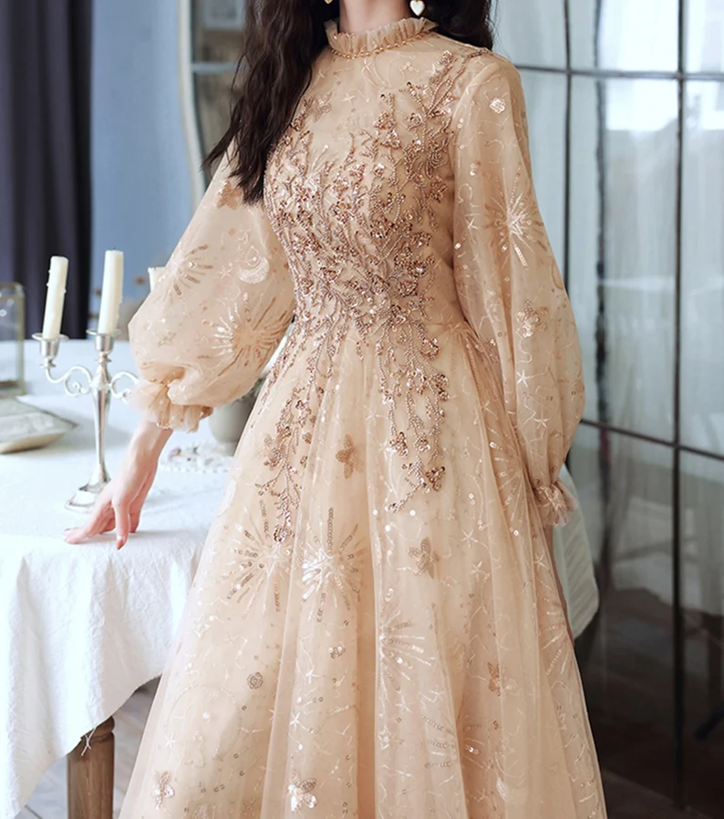 Champagne Puffy Sleeves Long Beaded Party Dress, Champagne Tulle Prom