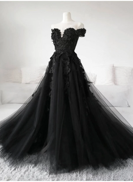 Black Off Shoulder Tulle Long Evening Dress Prom Dress, Black Lace Formal Dress