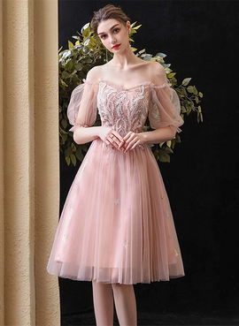 Pink Sweetheart Off Shoulder Knee Length Party Dress, Pink Tulle Homecoming Dress