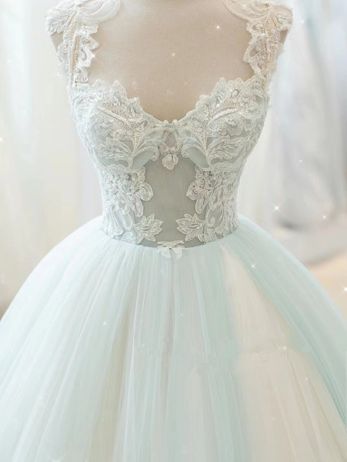 Glam White and Mint Green Tulle with Lace Party Dress, Straps Formal D Cutedressy Glam White and Mint Green Tulle with Lace Party Dress, Straps Formal D Cutedressy