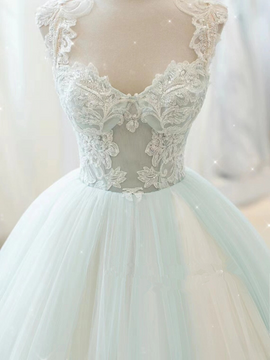 Glam White and Mint Green Tulle with Lace Party Dress, Straps Formal Dress Evening Dress