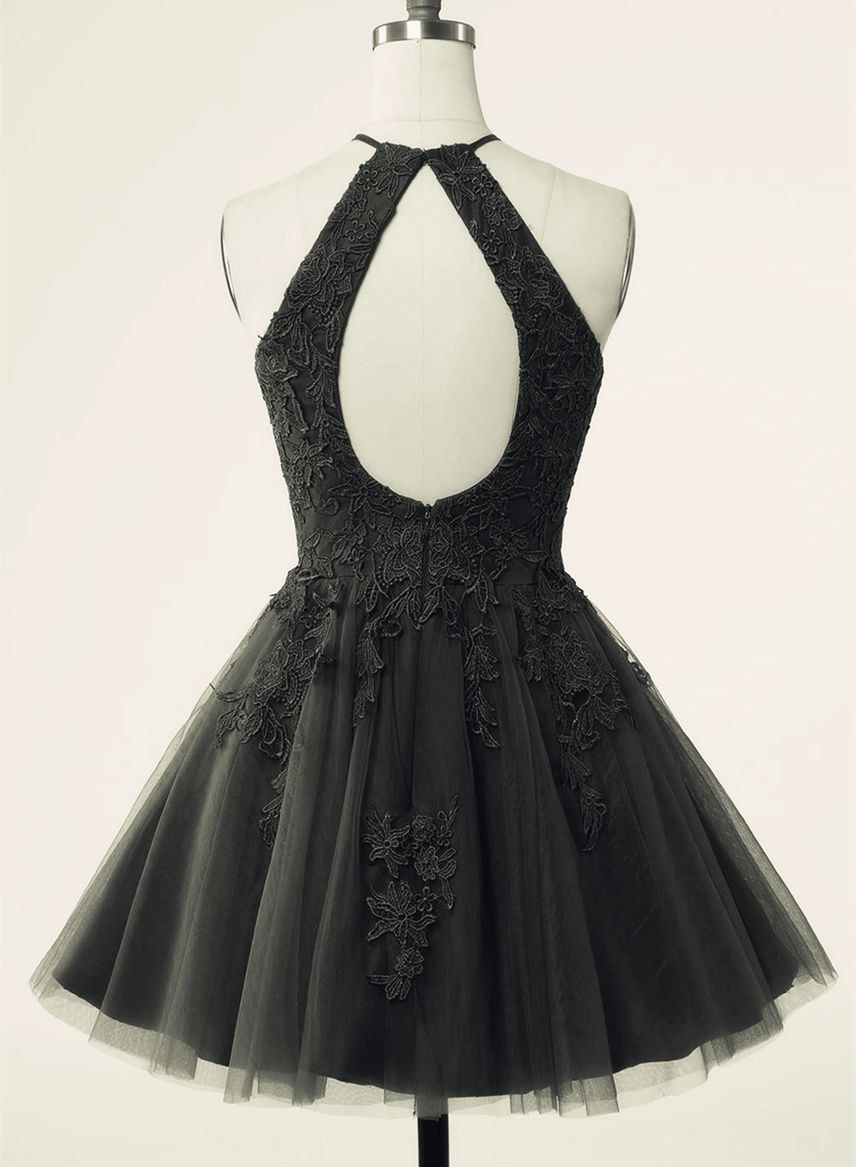 Black Halter Tulle with Lace Short Party Dress, Black Tulle Homecoming Cutedressy Black Halter Tulle with Lace Short Party Dress, Black Tulle Homecoming Cutedressy