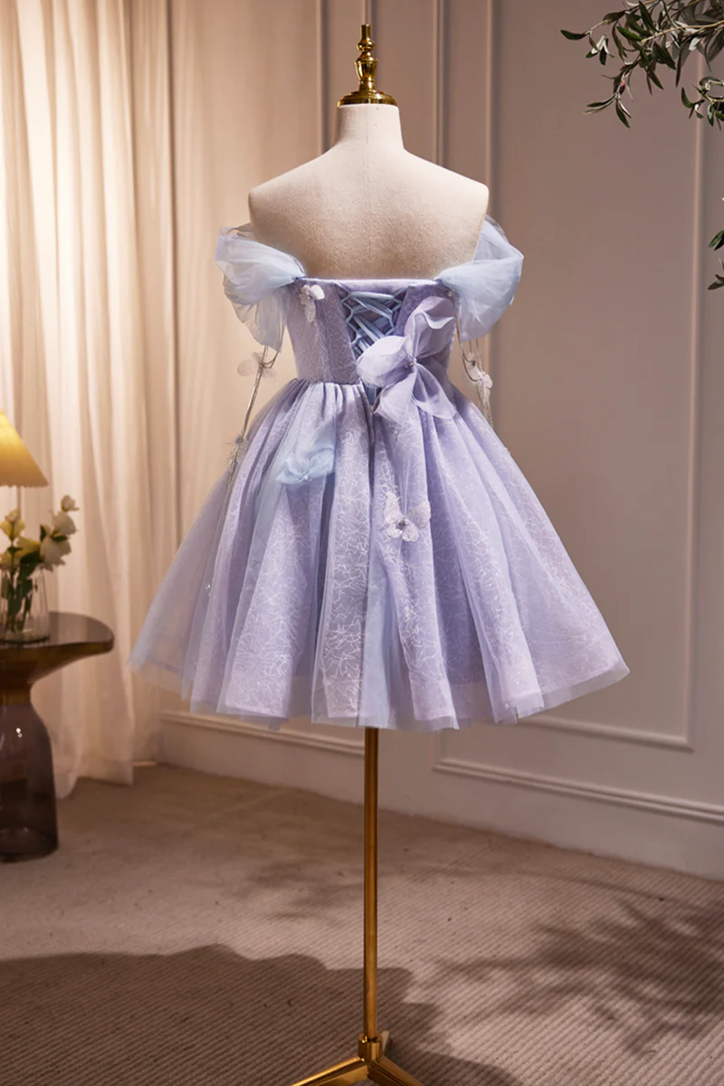 LightPurple Tulle Off Shoulder Short Prom Dress, Cute A-Line Off Shoulder Homecoming Dress