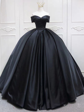 Glam Black Satin Ball Gown Off Shoulder Formal Dress, Black Evening Dress Prom Dress