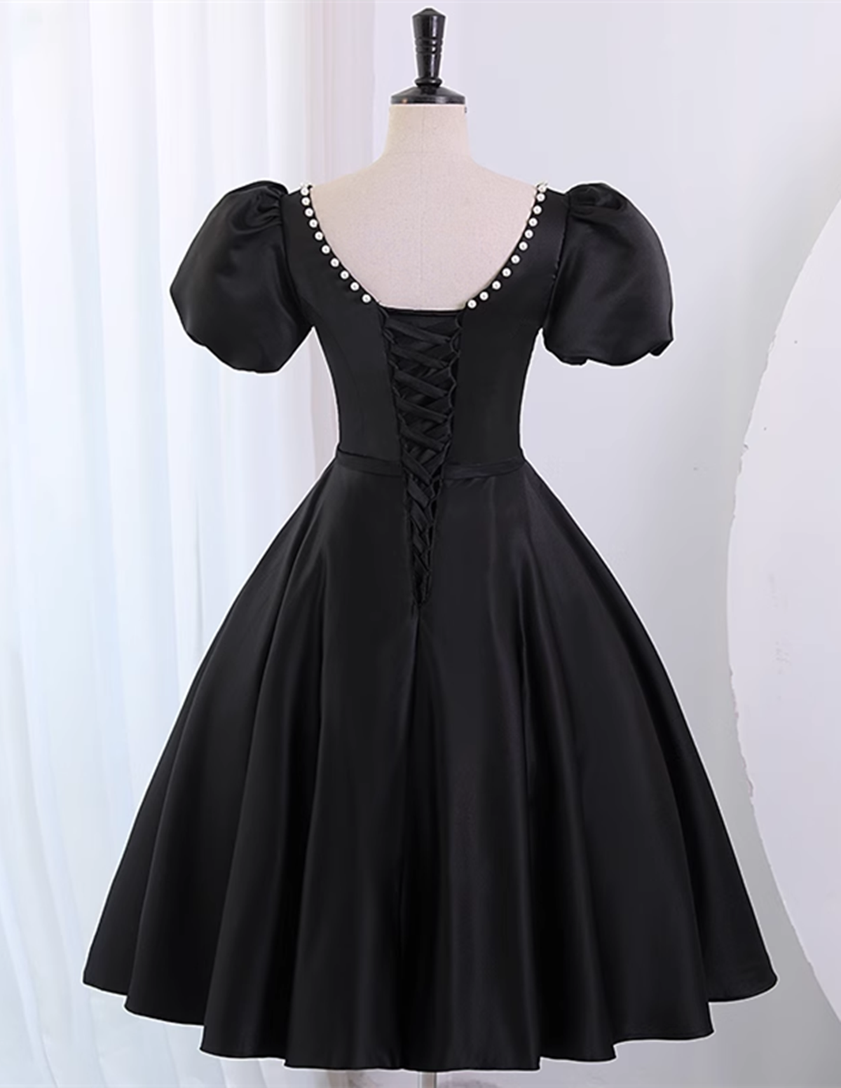 Black Satin Short Sleeves Prom Dress Party Dress, Black Homecoming Dre Cutedressy Black Satin Short Sleeves Prom Dress Party Dress, Black Homecoming Dre Cutedressy