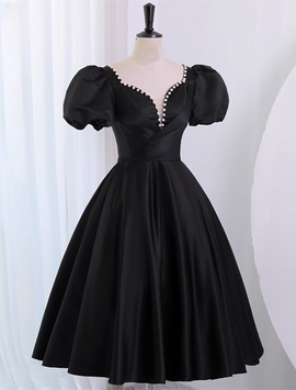 Black Satin Short Sleeves Prom Dress Party Dress, Black Homecoming Dress 