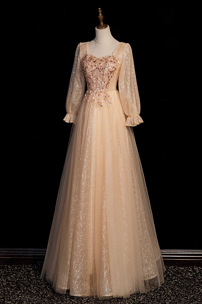 Champagne Short Sleeves Beaded Long Party Dress, A-line Tulle Prom Dre