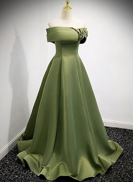 Green Scoop Off Shoulder Satin Lace-up Prom Dress, A-line Green Evening Dress