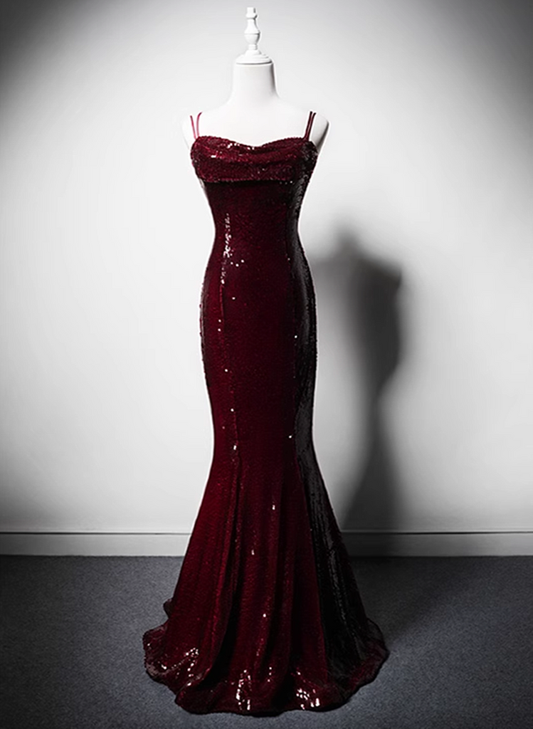 Wine Red Mermaid Straps Satin Chic Party Dress, Wine Red Satin Prom Dress Evening Dress