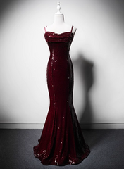 Wine Red Mermaid Straps Long Prom Dress Party Dress, Wine Red Sequins Evening Dress