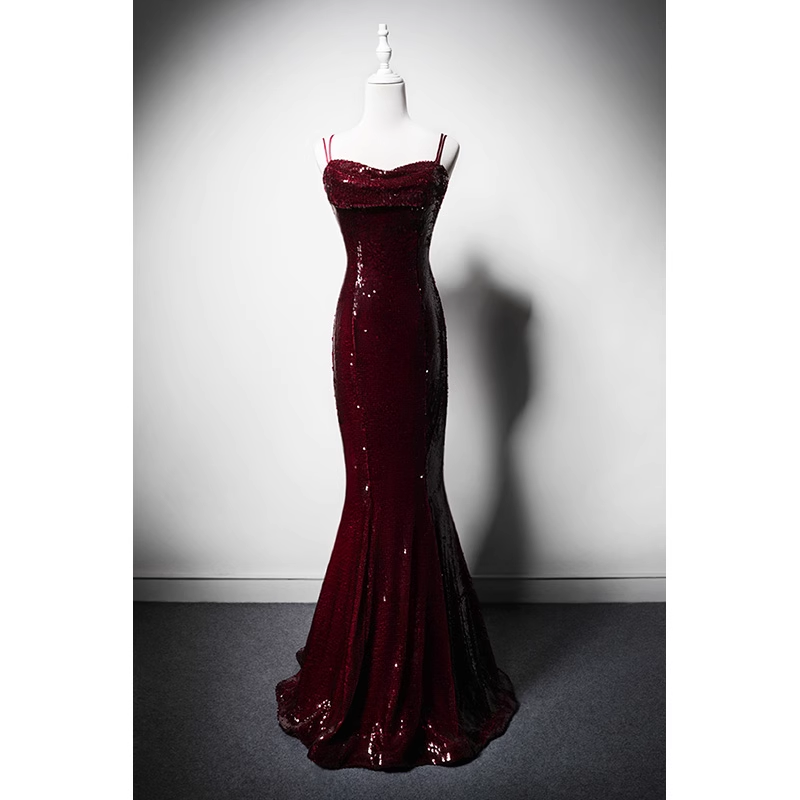 Wine Red Mermaid Straps Long Prom Dress Party Dress, Wine Red Sequins Evening Dress