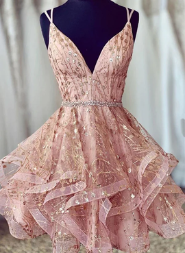 Pink V-neckline Straps Tulle Short Party Dress, Pink Tulle Homecoming Dress Formal Dress