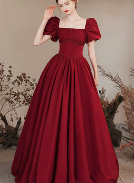 Wine Red A-line Long Party Dress Formal Dress, Short Sleeves Wine Red Prom Dress
