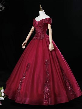 Wine Red Ball Gown Sweetheart Off Shoulder Long Party Dress, Wine Red Sweet 16 Dress