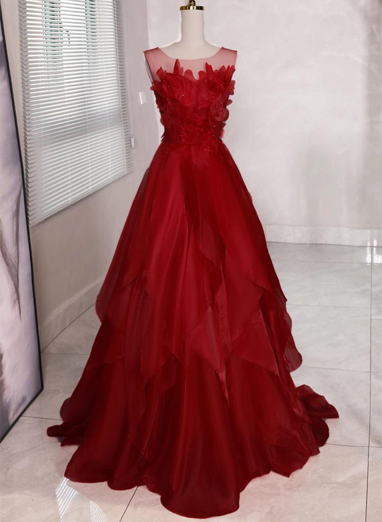 Wine Red Round Neckline Aline Beaded Party Dress, Wine Red Long Prom — free download