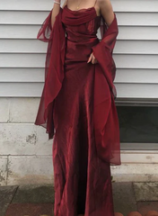 Wine Red Satin Long  Spaghetti Straps Simple Prom Dress, Wine Red Long Formal Dress