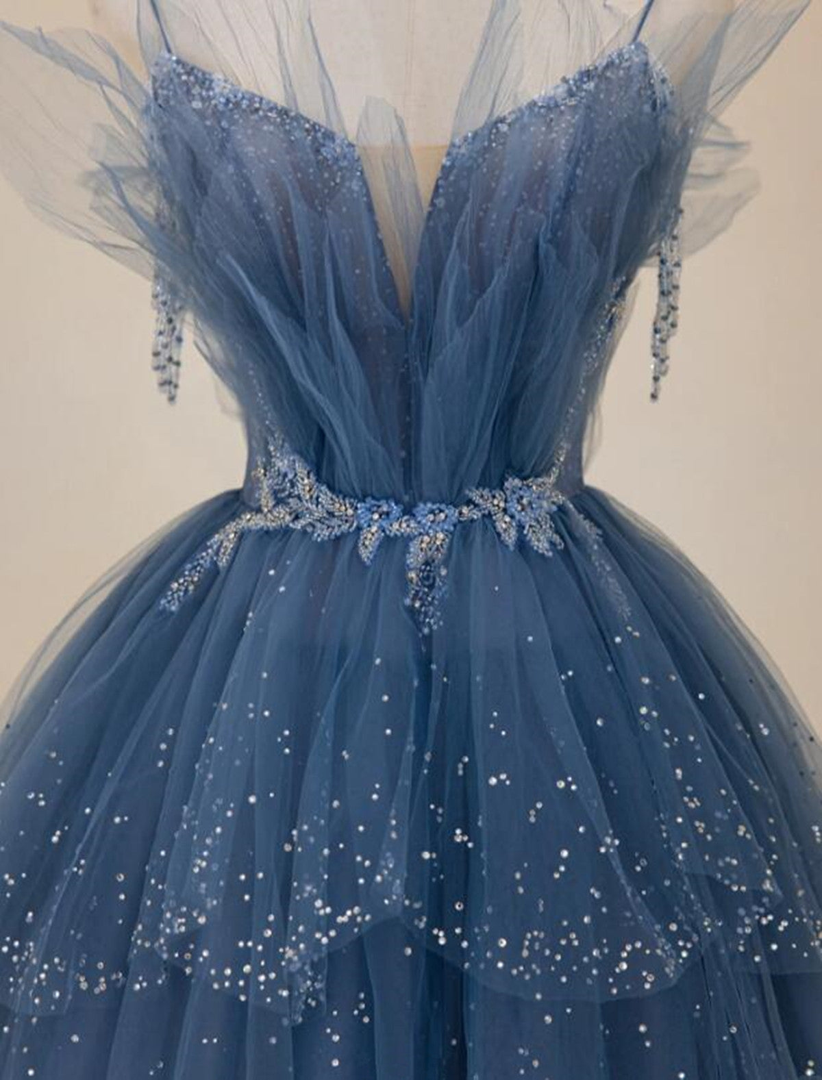 Blue A-line Beaded Layers Tulle Long Formal Dress, Blue Unique Long Pr Cutedressy Blue A-line Beaded Layers Tulle Long Formal Dress, Blue Unique Long Pr Cutedressy