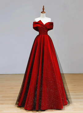 Red Satin and Black Tulle A-line Off Shoulder Party Dress, Simple A-line Prom Dress