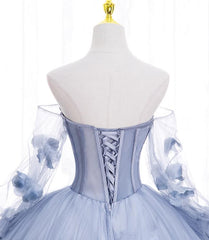 Light Blue Tulle Long Formal Dress Party Dress, Ball Gown Floral Sweet 16 Dress