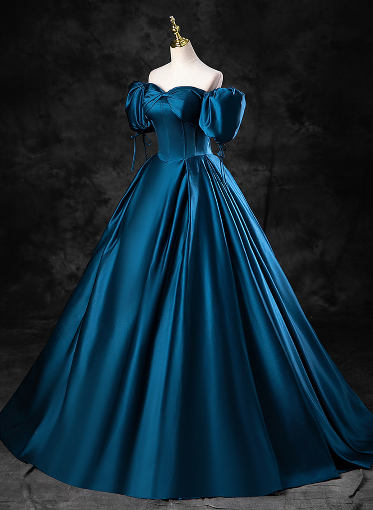 Blue Satin Short Sleeves Sweetheart Long Party Dress, Blue A-line Prom Cutedressy Blue Satin Short Sleeves Sweetheart Long Party Dress, Blue A-line Prom Cutedressy