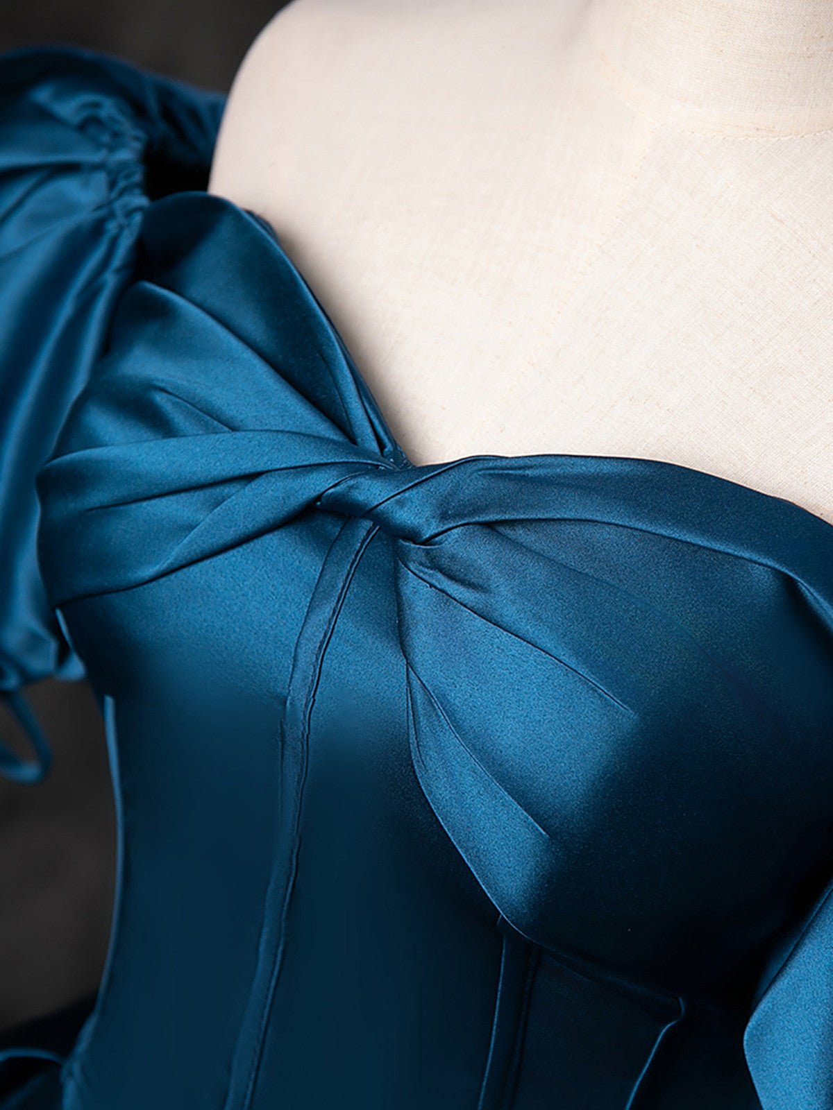 Blue Satin Short Sleeves Sweetheart Long Party Dress, Blue A-line Prom Cutedressy Blue Satin Short Sleeves Sweetheart Long Party Dress, Blue A-line Prom Cutedressy