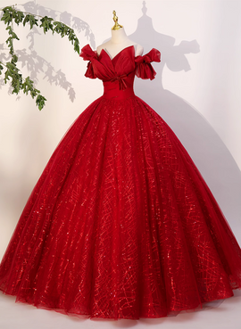 Gorgeous Red Tulle Ball Gown Off Shoulder Sweet 16 Dress, Red Long Formal Dress