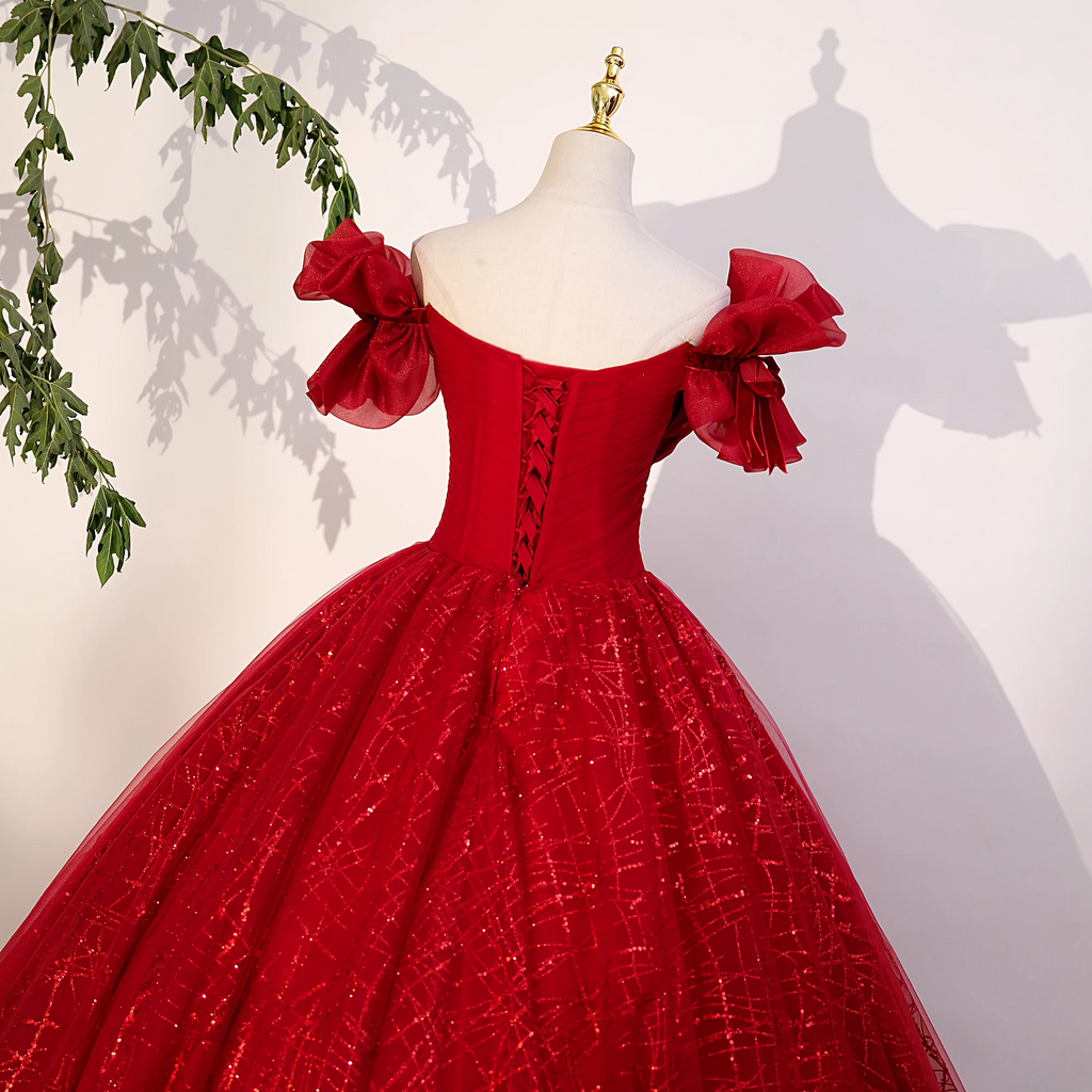 Dark Red Tulle Lace Ball Gown Sweet 16 Dress Y1440