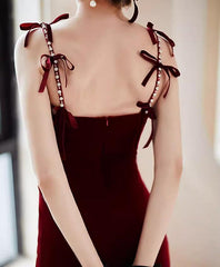 Wine Red Velvet V-neckline Mermaid Long Evening Dress, Wine Red Velvet Prom Dress
