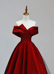 Red Satin and Black Tulle A-line Off Shoulder Party Dress, Simple A-line Prom Dress