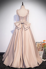 Pink Satin Long A-Line Prom Dress, Pink Spaghetti Straps Party Dress with Bow
