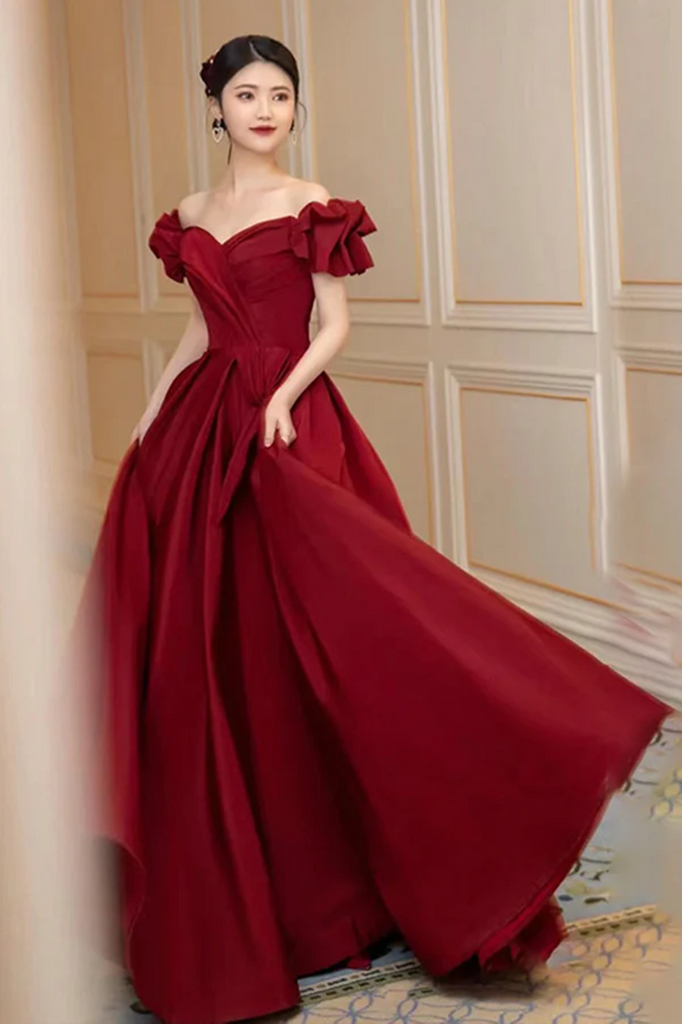 Wine Red Satin A-line Sweetheart Floor Length Party Dress, Wine Red Satin Prom Dress