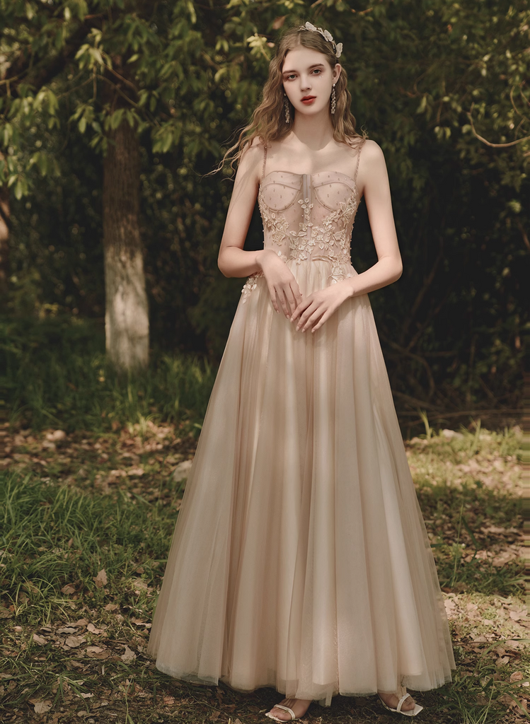Light Champagne Floor Length Straps Long Party Dress, Light Champagne