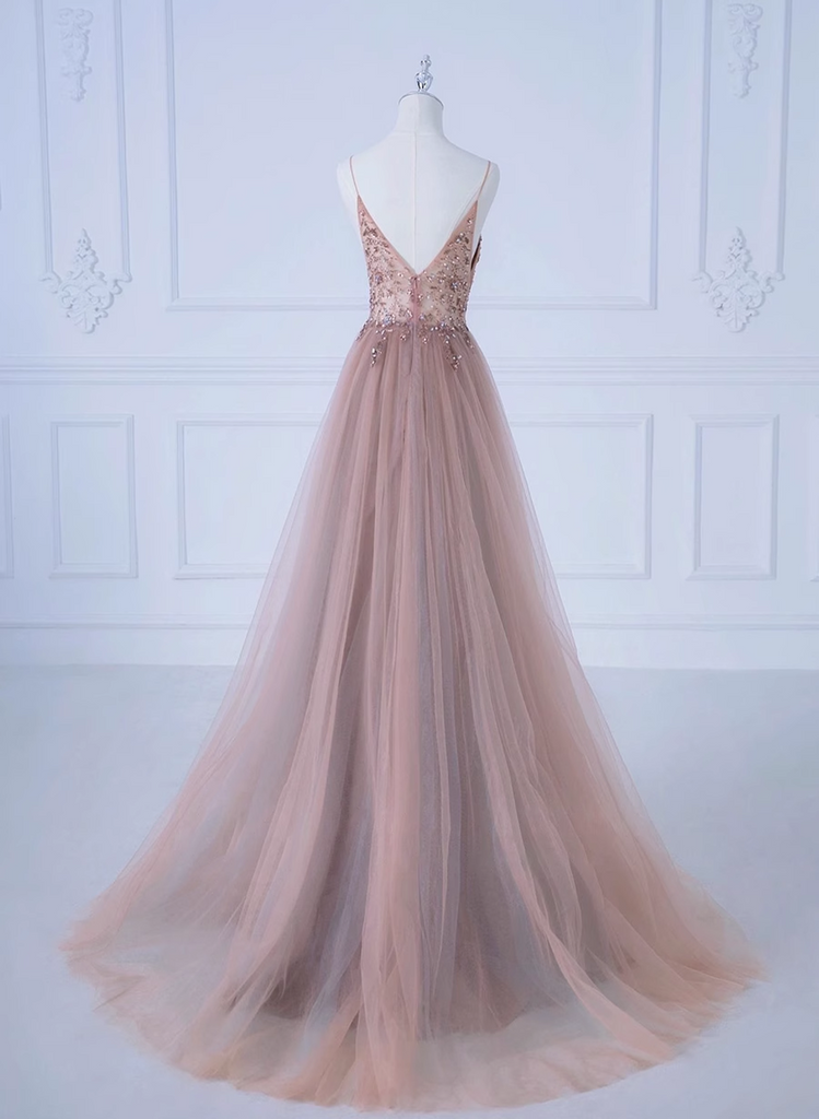 Gorgeous Strapless Pink Tulle Beaded Feathers A Line Long Party Dress Birthday Prom Dresses