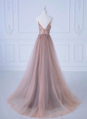 Pink V-neckline Beaded Straps Long Party Dress, A-line Pink Tulle Floor Length Prom Dress