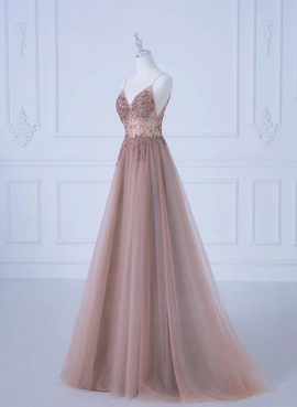 Pink V-neckline Beaded Straps Long Party Dress, A-line Pink Tulle Floor Length Prom Dress