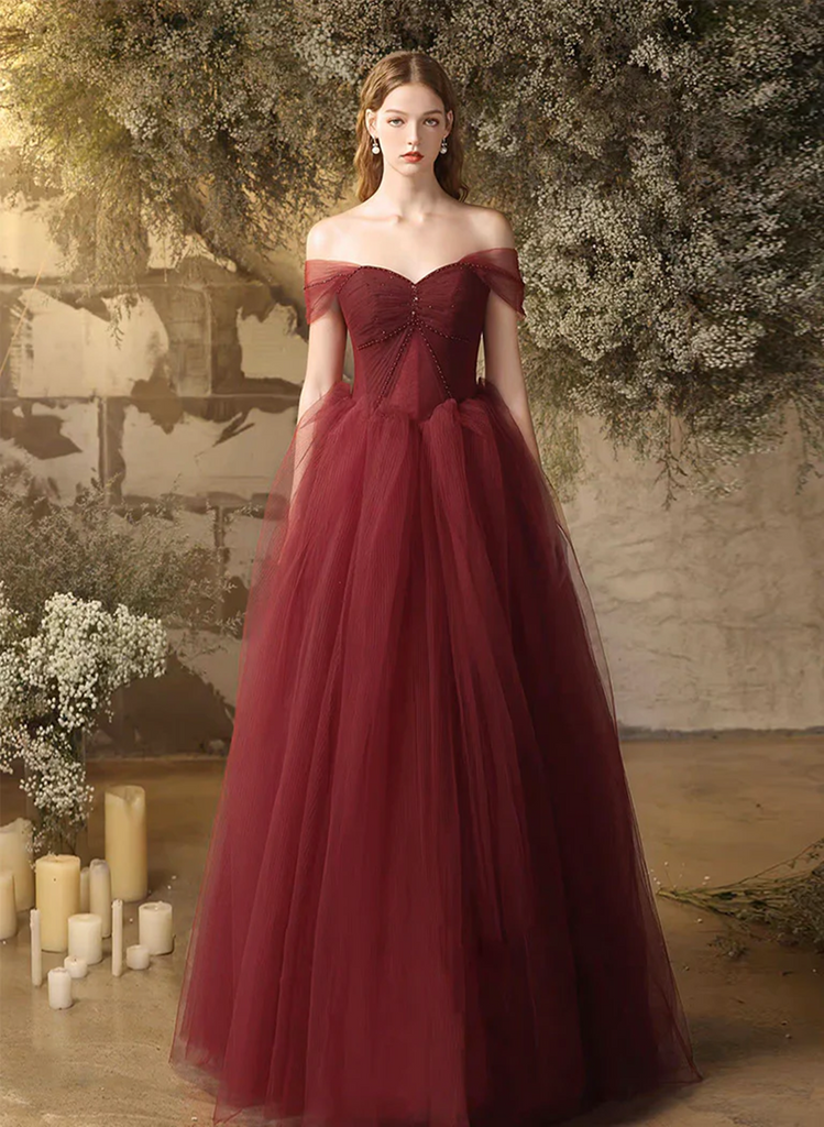 Beautiful Wine Red Tulle Sweetheart Long Party Dresses, Dark Red Evening Gown Prom Dress