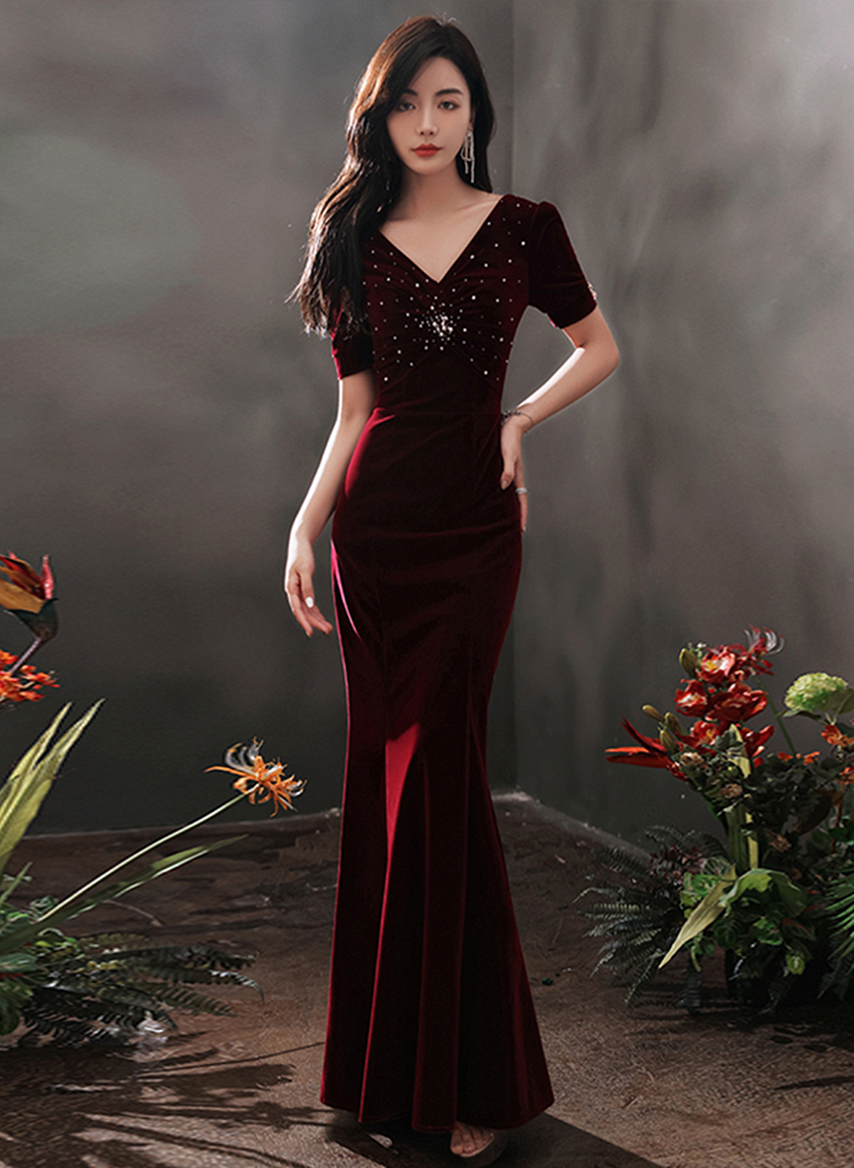 Wine Red Velvet Beaded Short Sleeves Long Party Dress, Wine Red Mermaid Prom Dress