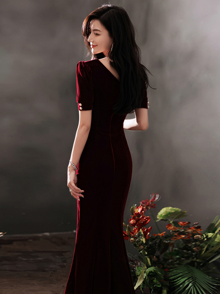 Wine Red Halter Backless Velvet Mermaid Party Dress, Wine Red Evening Dress Prom Dress