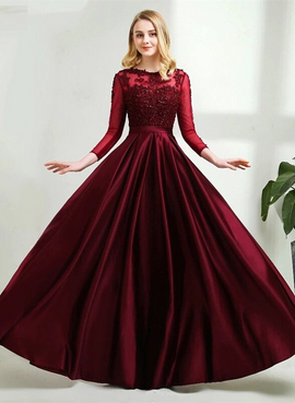Wine Red Satin and Lace Round Neckline Bridesmaid Dress, Wine Red Tulle Formal Dress