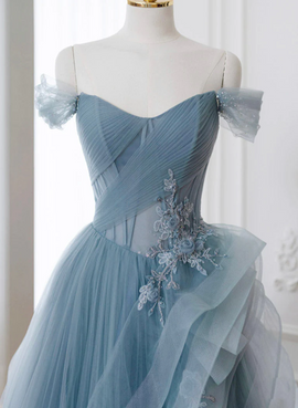 A-line Blue Tulle Long Party Dress with Lace, Off Shoulder Tulle Prom Dress
