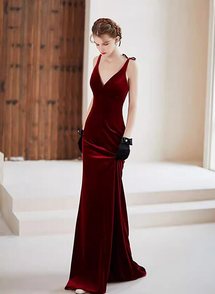 Wine Red Velvet V-neckline Mermaid Long Evening Dress, Wine Red Velvet
