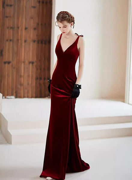 Dark Red Straps Velvet Deep V-neckline Party Gown, Beautiful Wedding Party Dress main image 1