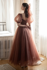Lovely Puffy Sleeves Tulle Long Party Dress, Scoop Ball Gown Long Prom Dress