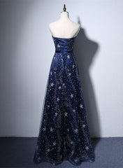 Navy Blue Strapless A-line Long Formal Dress, Navy Blue Evening Dress Prom Dress