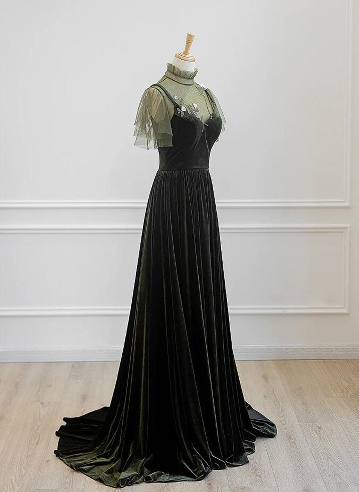 a line green velvet dress Peacock Green A Line Velvet Evening Dress V Neck Long Sleeves -